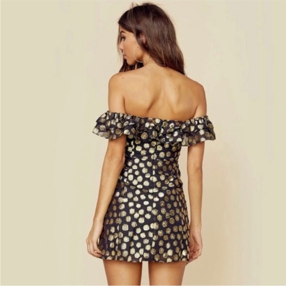 For Love & Lemons Lotti Ruffle Gold Dot Mini Dress Gold & Black - Picture 5 of 8